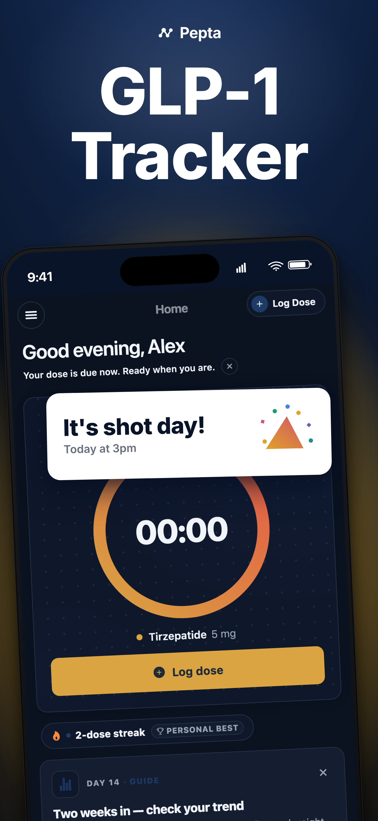 Pepta home screen showing 'It's shot day!' with a Tirzepatide countdown